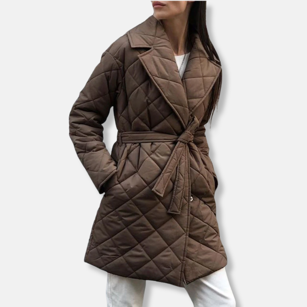 Manteau Matelassé Femme Midi Isolé Ceinture Taille Col Revers Cranté Élégant Et Polyvalent