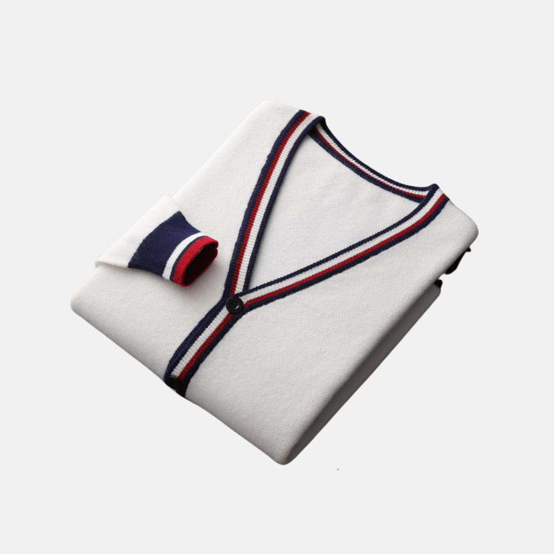 Cardigan Homme En Maille Fine Col En V Coupe Ample Bordure Côtelée Rayée Style Décontracté