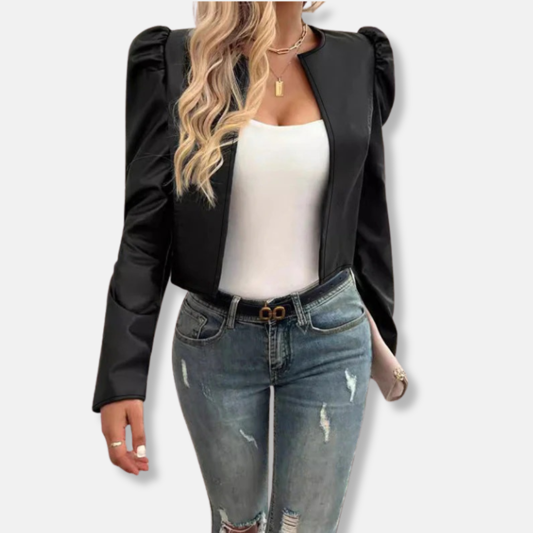 Veste Femme En Faux Cuir Courte Avec Manches Bouffantes Et Ouverture Sans Col Pour Style Moderne