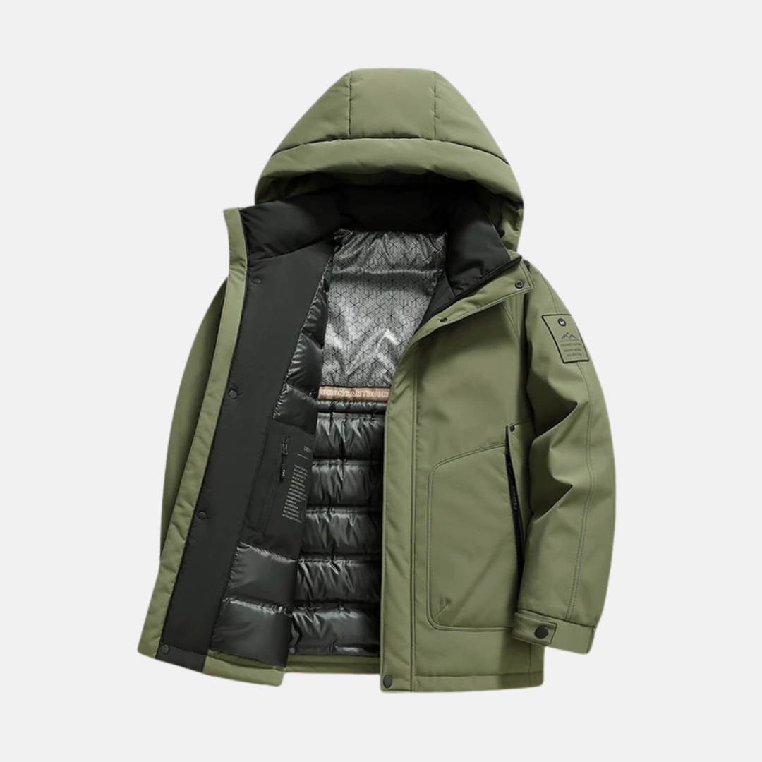Manteau Homme Capuche Col Montant Tissé Mélange Longueur Mi-Hanches Poignets À Pressions Pour Hiver