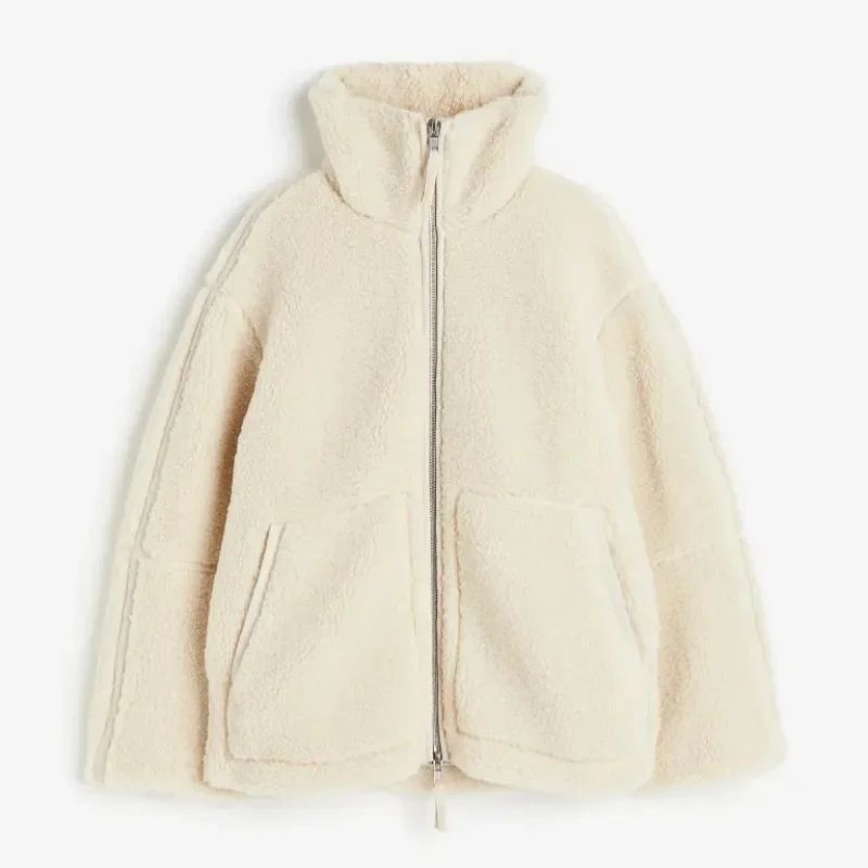Veste Teddy Oversize Col Haut Confort Extérieur Doublure Peluche Chaude Pour Hiver