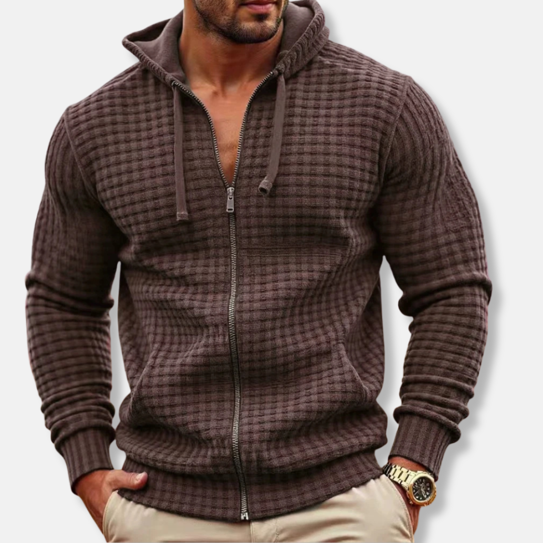 Sweat à Capuche Zippé pour Homme en Mélange de Coton Coupe Regular avec Motif Grille Texturée pour Style Quotidien
