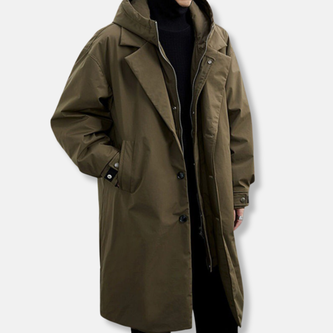 Manteau Homme Capuche Mélange Synthétique Coupe Oversized Décontractée Longueur Mi-Cuisse Pour Hiver