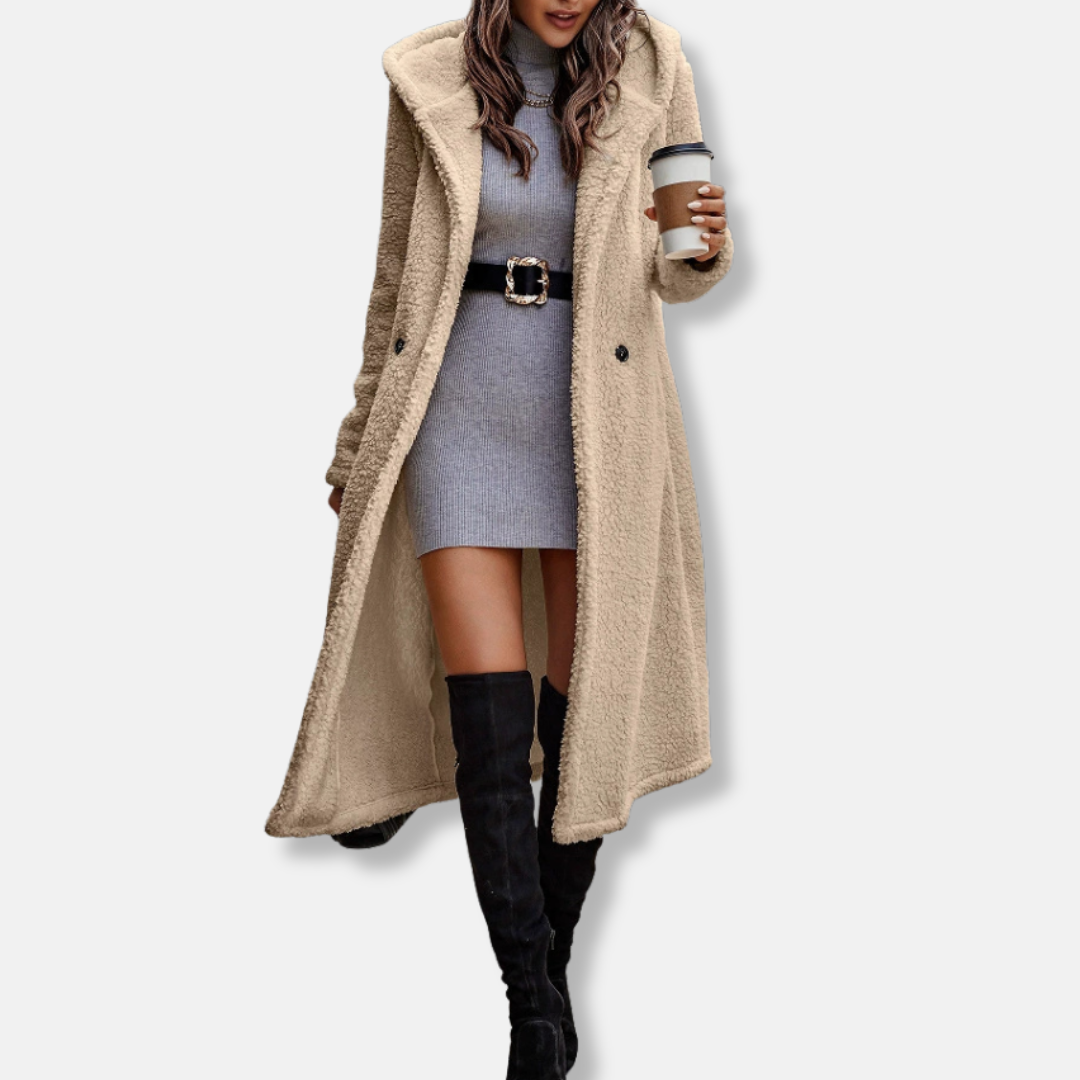 Manteau Long Femme en Peluche Douce Coupe Décontractée Capuche Revers à Encoche Pour Automne Hiver