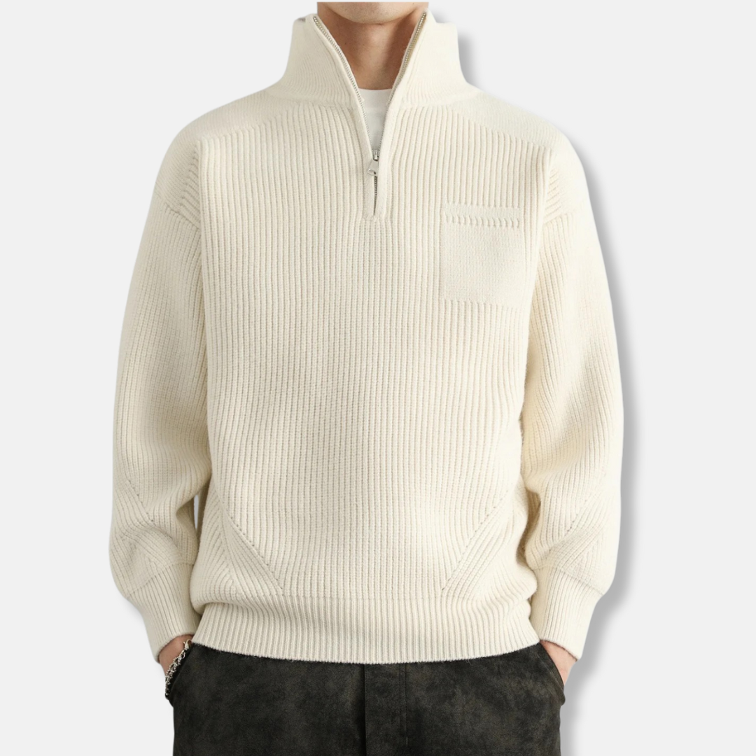 Pull Zip Quart En Mélange De Coton Pour Homme, Coupe Décontractée, Col Montant, Confort Quotidien