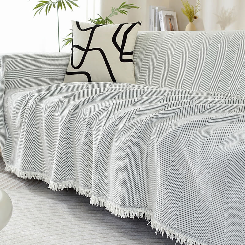 Jeté en Chenille Motif Chevron avec Bordure Pompons pour Canapé Confortable Élégant