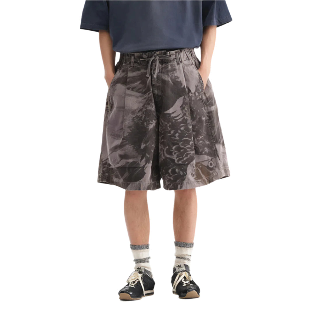 Iron Talon Shorts À Jambe Large En Coton Lavé Avec Motif Aigle Peint Et Ceinture Élastiquée