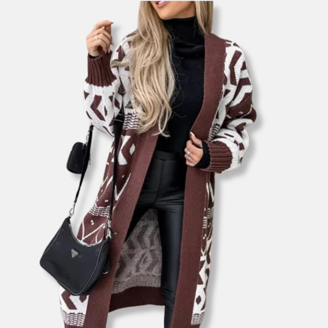 Cardigan Long Femme Ample En Maille Jacquard Motif Géométrique Ouverture Frontale Sans Bouton