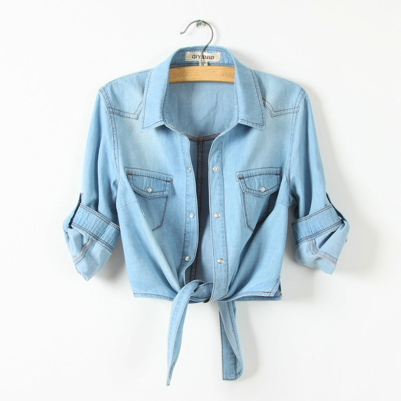 Chemise Denim Auri Avec Nœud Avant Unique En Tissu Doux Confortable Léger Pour Jour Et Nuit