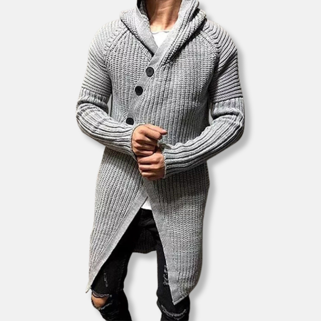 Cardigan Pour Homme À Capuche Col Châle Maille Épaisse En Laine Mélangée Coupe Longue Décontractée