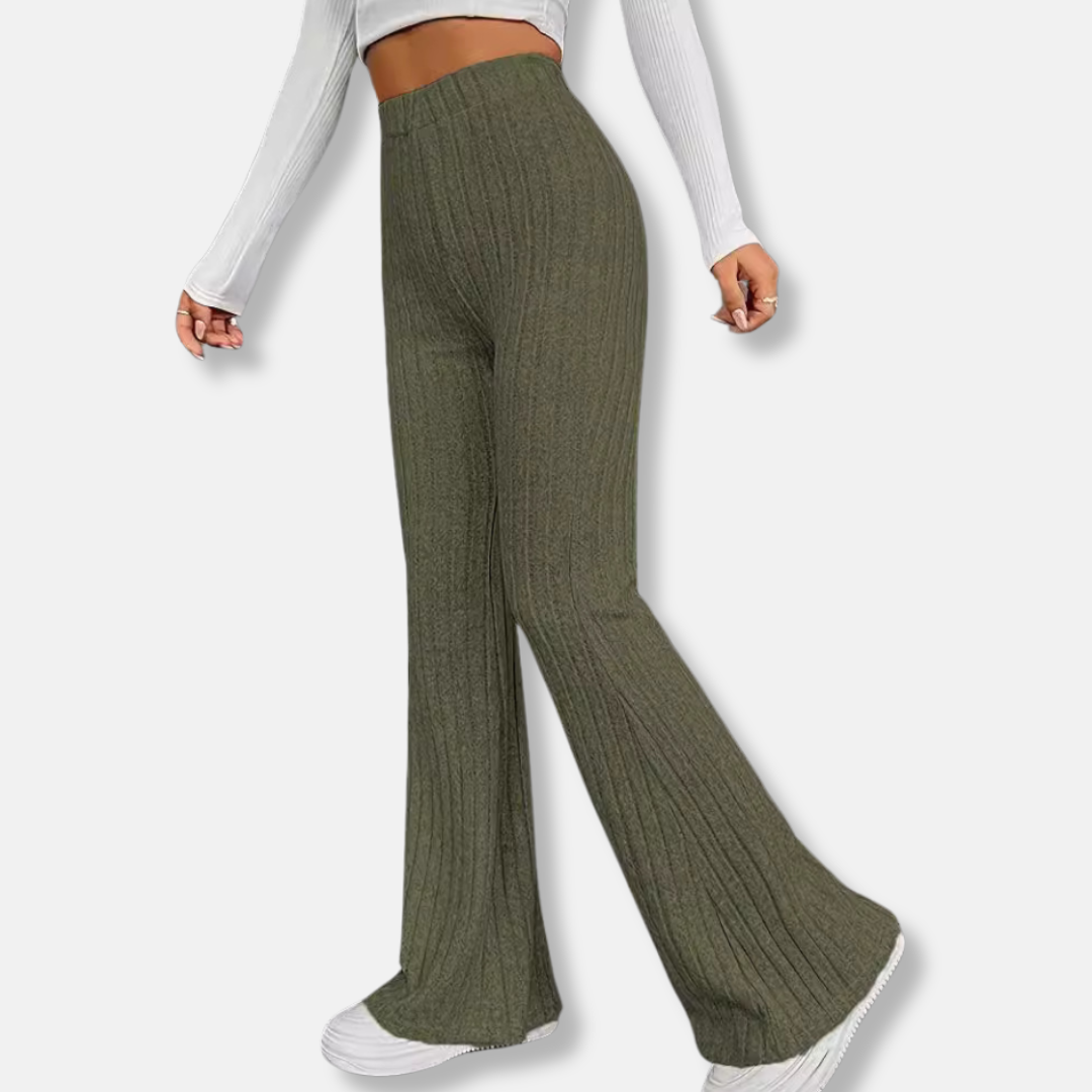 Nordisk-Flair Pantalon Femme Taille Haute Maille Côtelée Stretch Slim Jambe Évasée Longueur Pleine