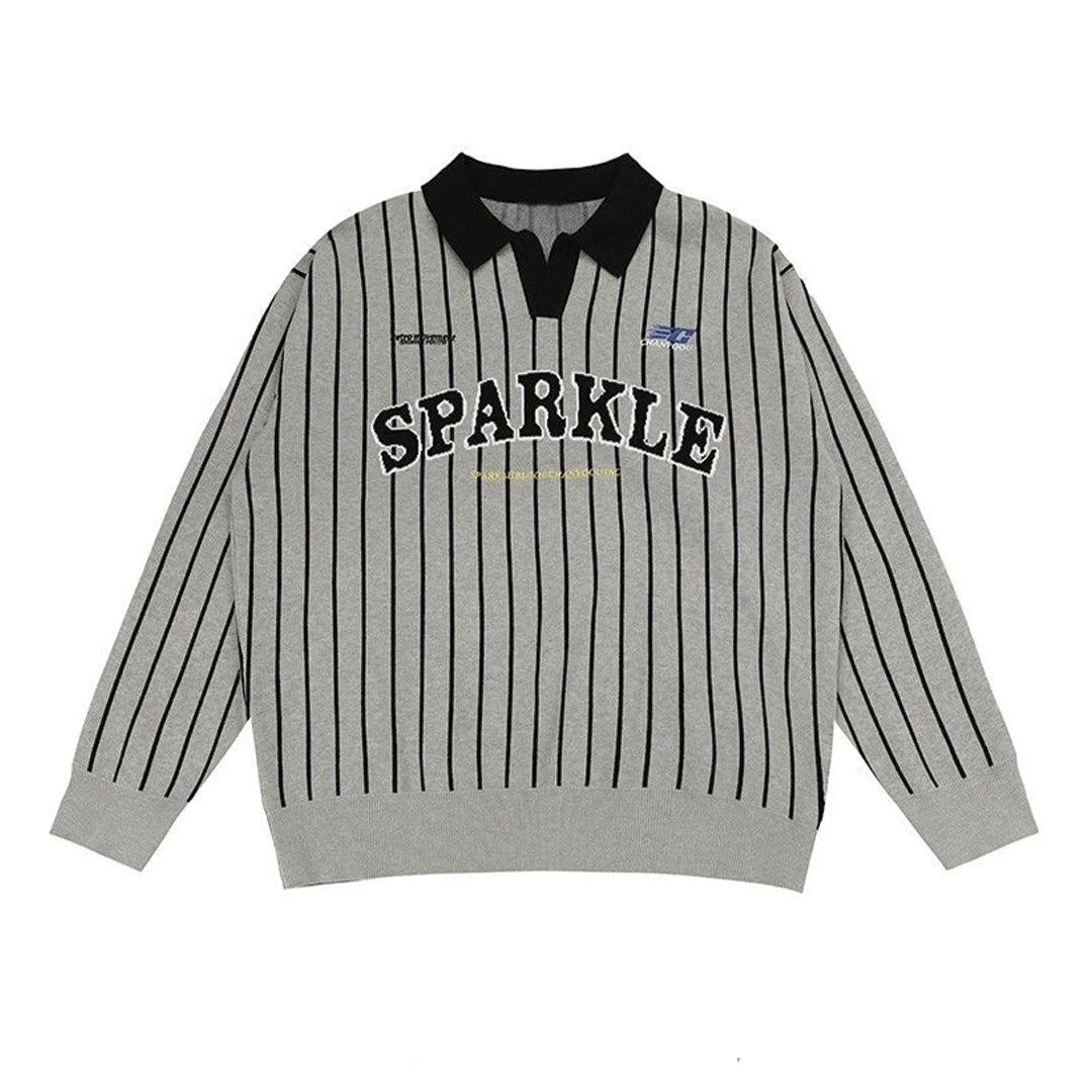 Polo Tricot Rayé Avec Col Revers Et Lettres Brodées Sur Le Devant Coupe Oversized