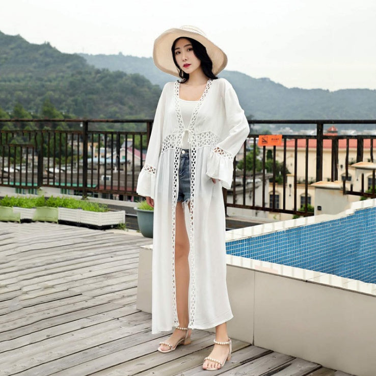 Weiß gestreiftes Strandkleid, Tunika, Pareo, Bikini Cover-up, Bademantel, Strandbekleidung von Fudus