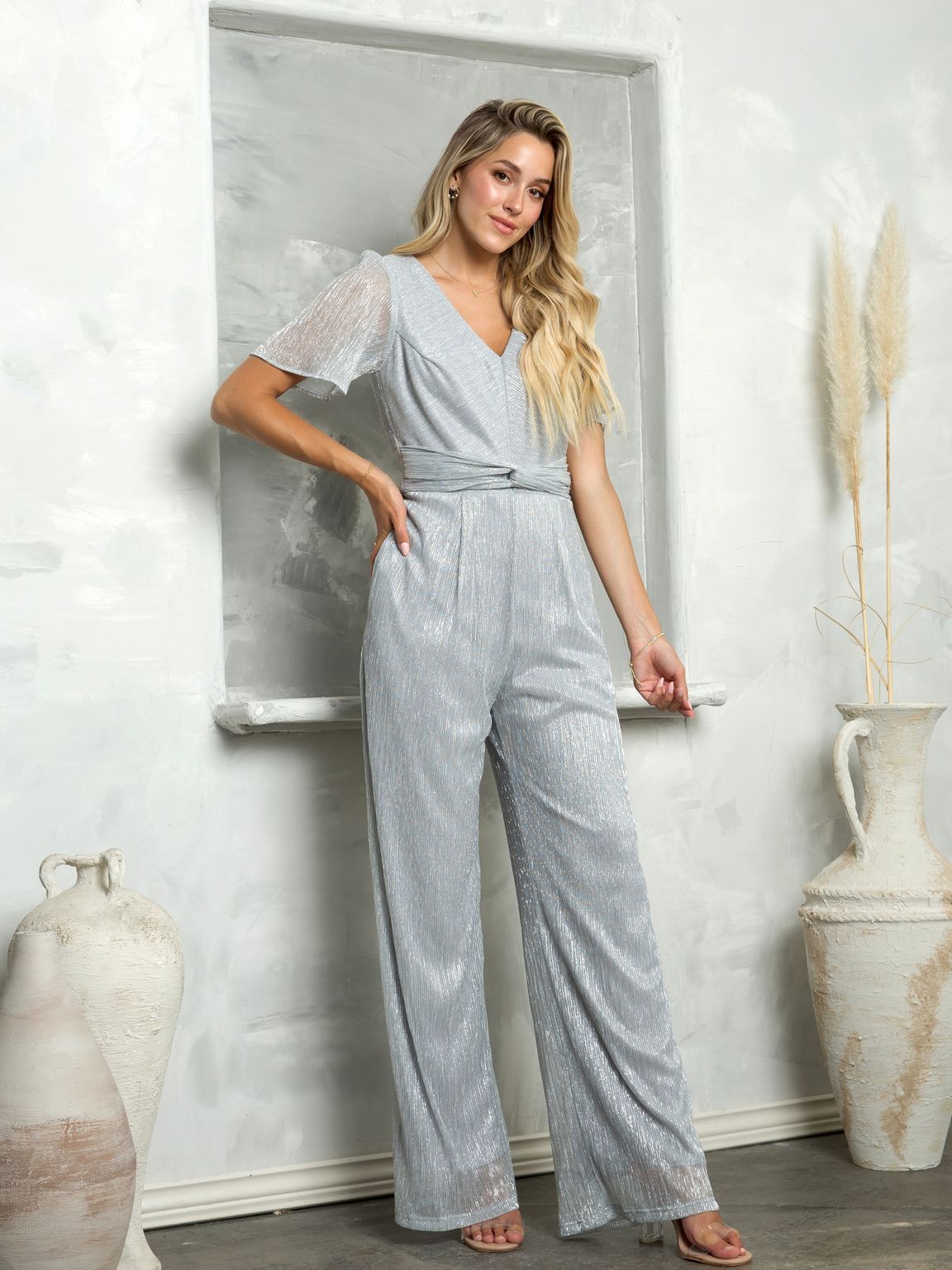 Eva Fashion 3467 Combinaison Longue Pour Soirée Formelle En Métal Scintillant Avec Manches Ailées Et Poches Latérales