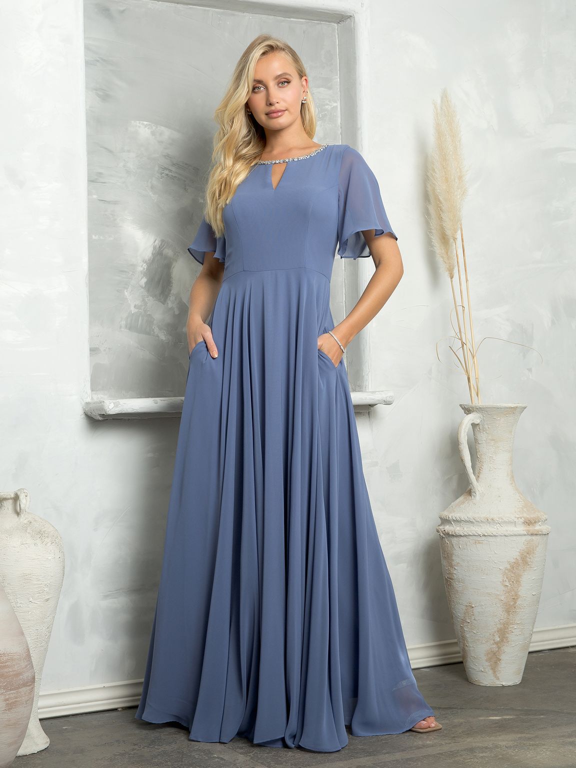 Robe Longue en Chiffon Ornée de Perles pour Mère Mariée Eva Fashion 3468 avec Manches Cloche