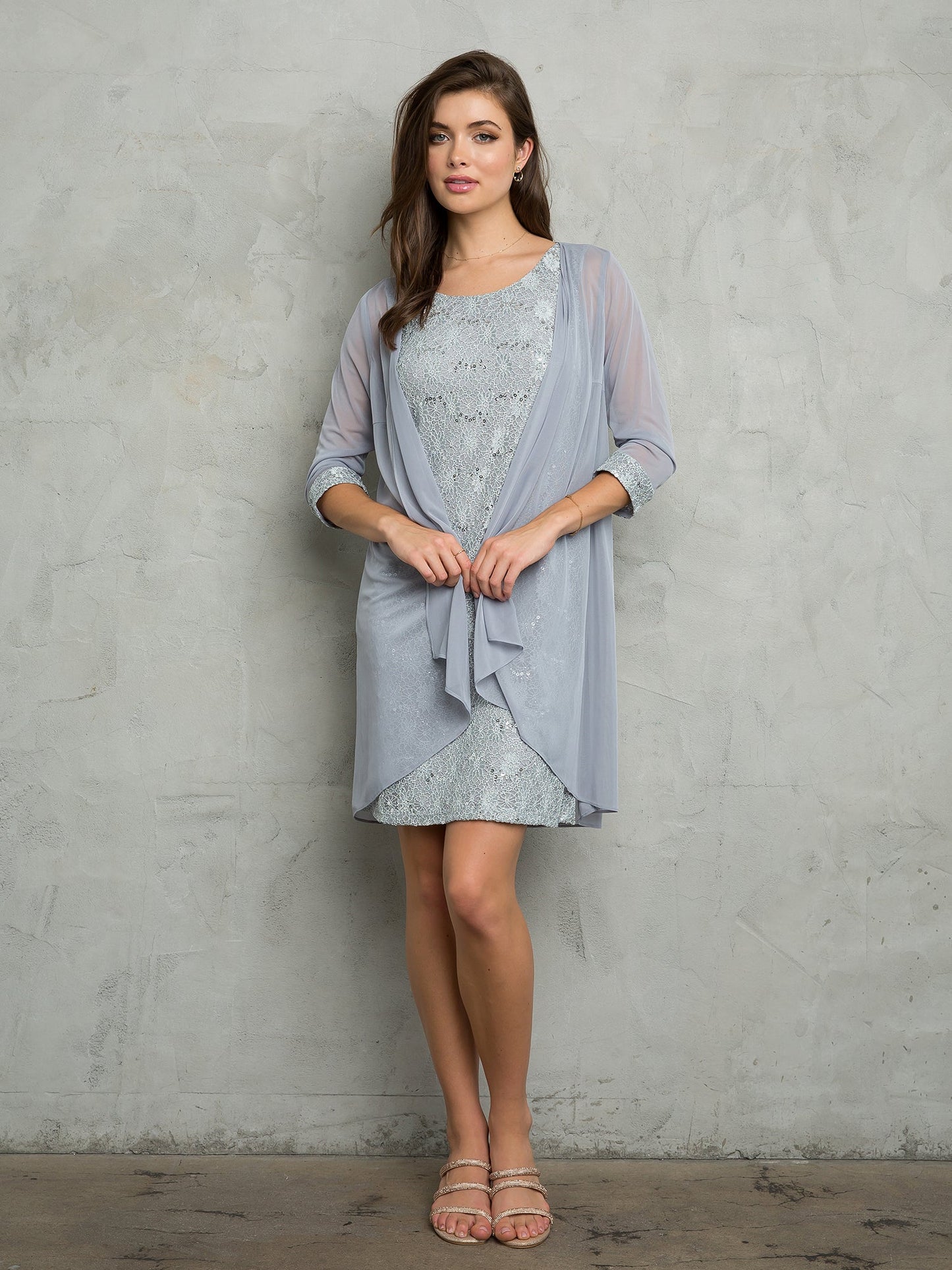 Robe Deux Pièces Courte Pour Mère De La Mariée Eva Fashion 3490 En Dentelle Et Veste En Chiffon Assortie