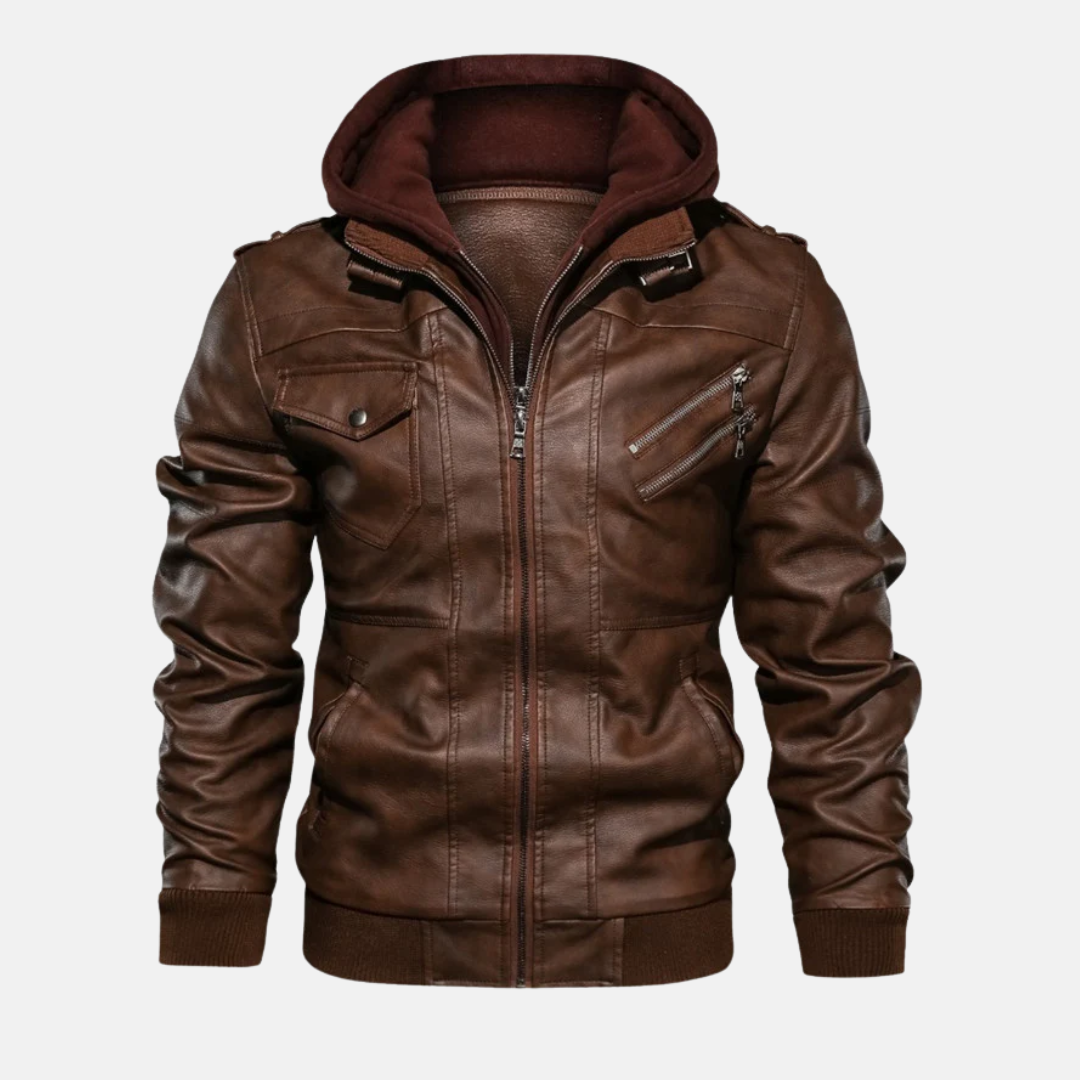 Veste Homme En Cuir PU Avec Capuche Détachable Et Col Debout Zip Avant Coupe Structurée Décontractée