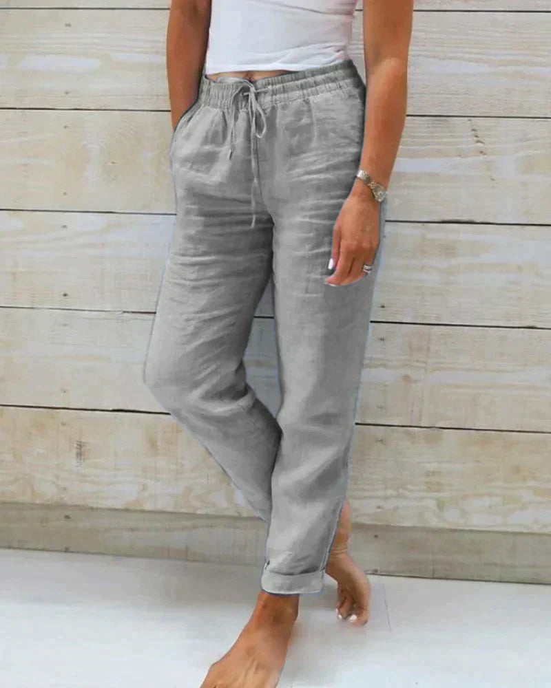 Pantalon Femme Mélange Lin Léger Confort Décontracté Taille Élastique Avec Cordon Longueur Cheville Nordic Flair