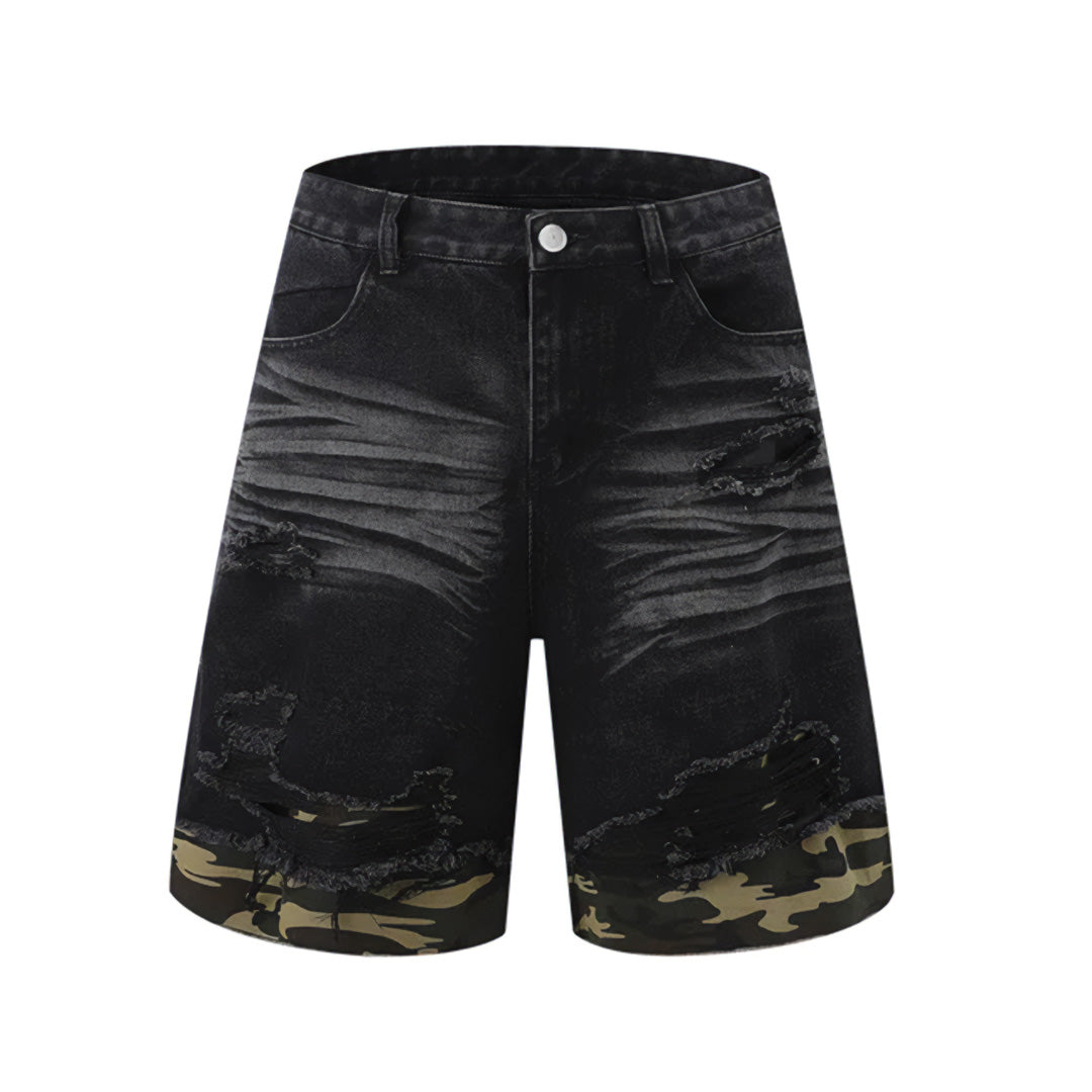 Shorts En Denim Fade Patrol Déchiré Avec Panneaux Camouflage Ourlet Usé Lavage Clair Fermeture Éclair Ample