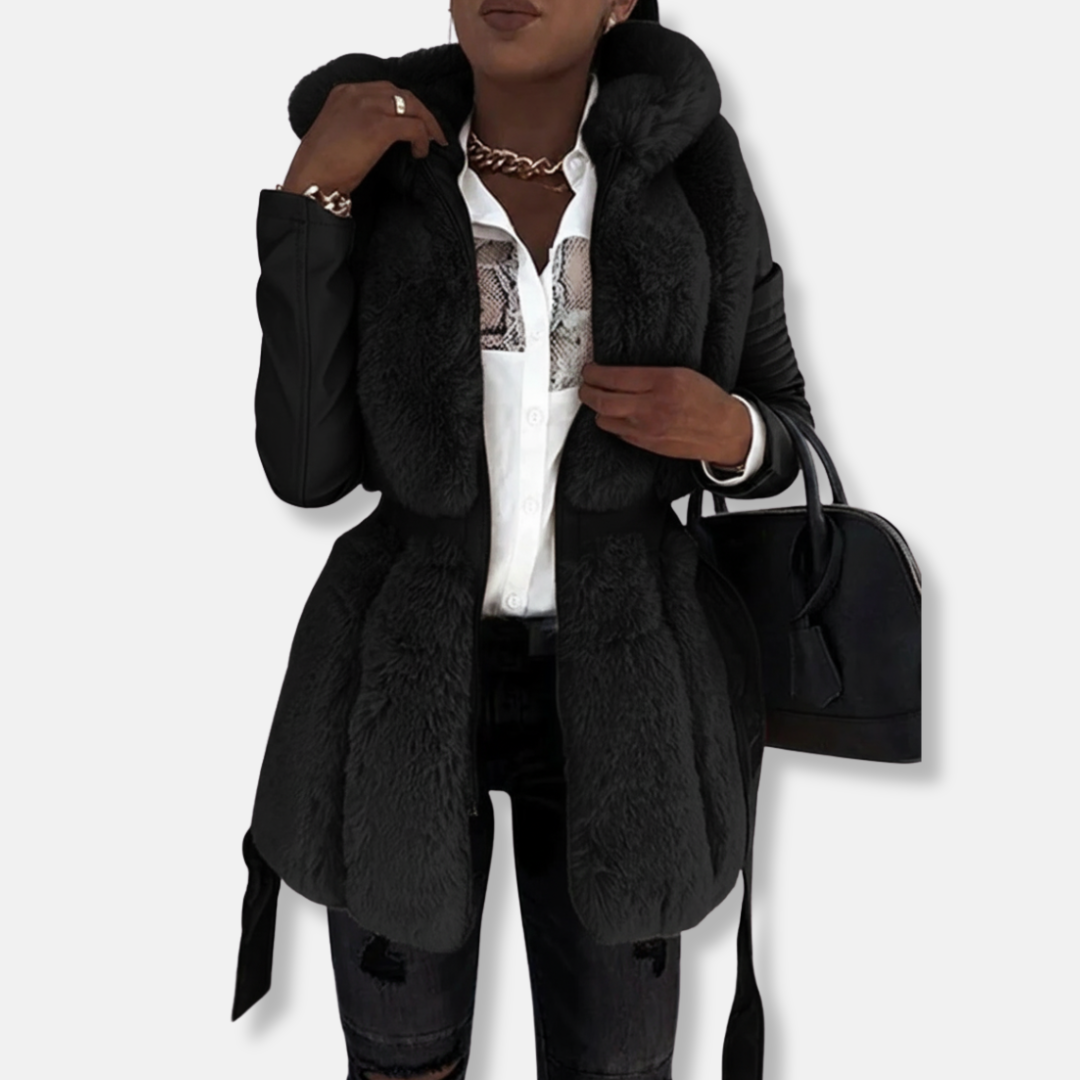 Veste Femme Tailorée en Faux Cuir Col en Fausse Fourrure Manches Matelassées Ceinture Cintrée Amawinc Nordisk Flair
