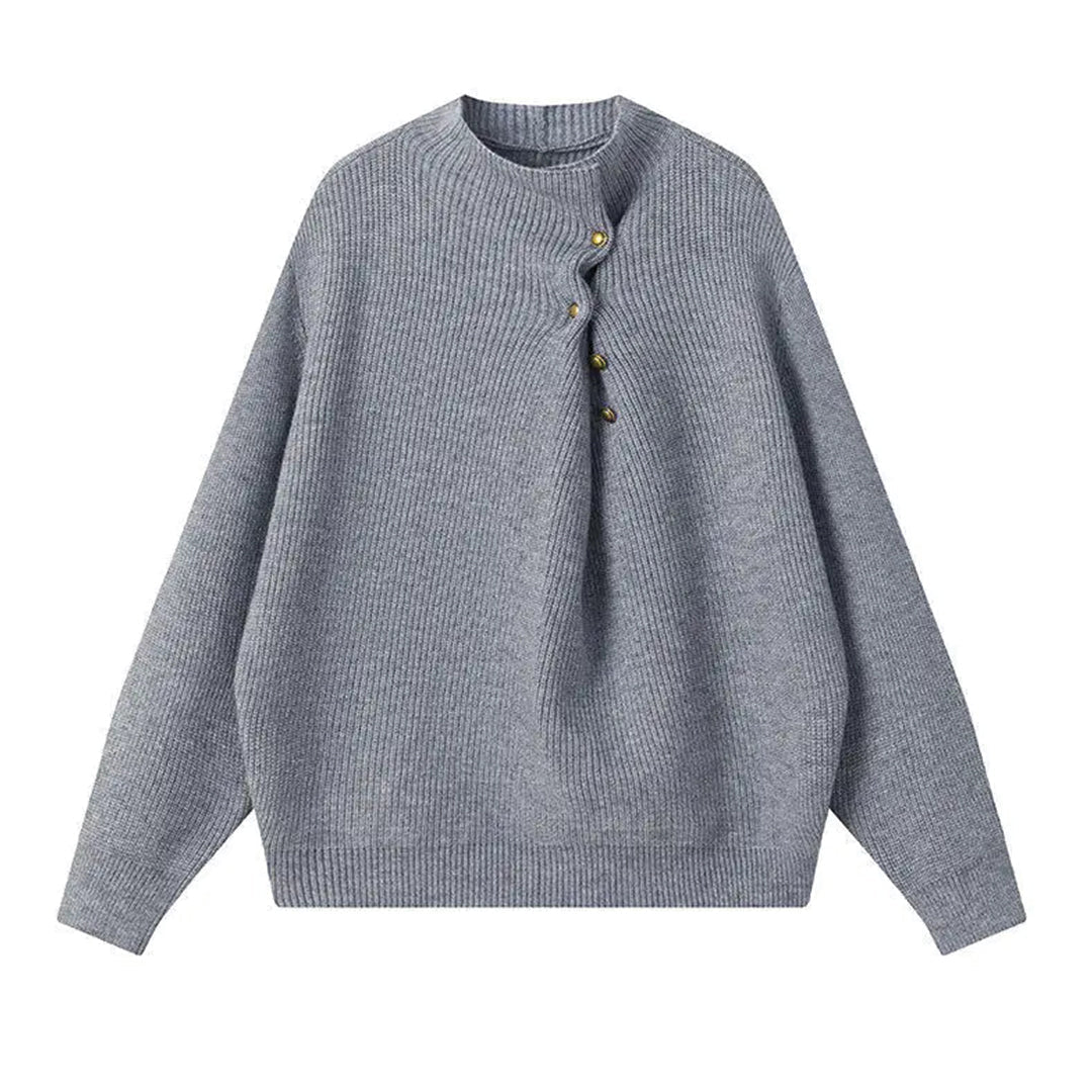 Pull Tricot Cachette Boutons Décalés Col Rond Coupe Loose Ourlet Côtelé Tissu Coton Laine Polyester