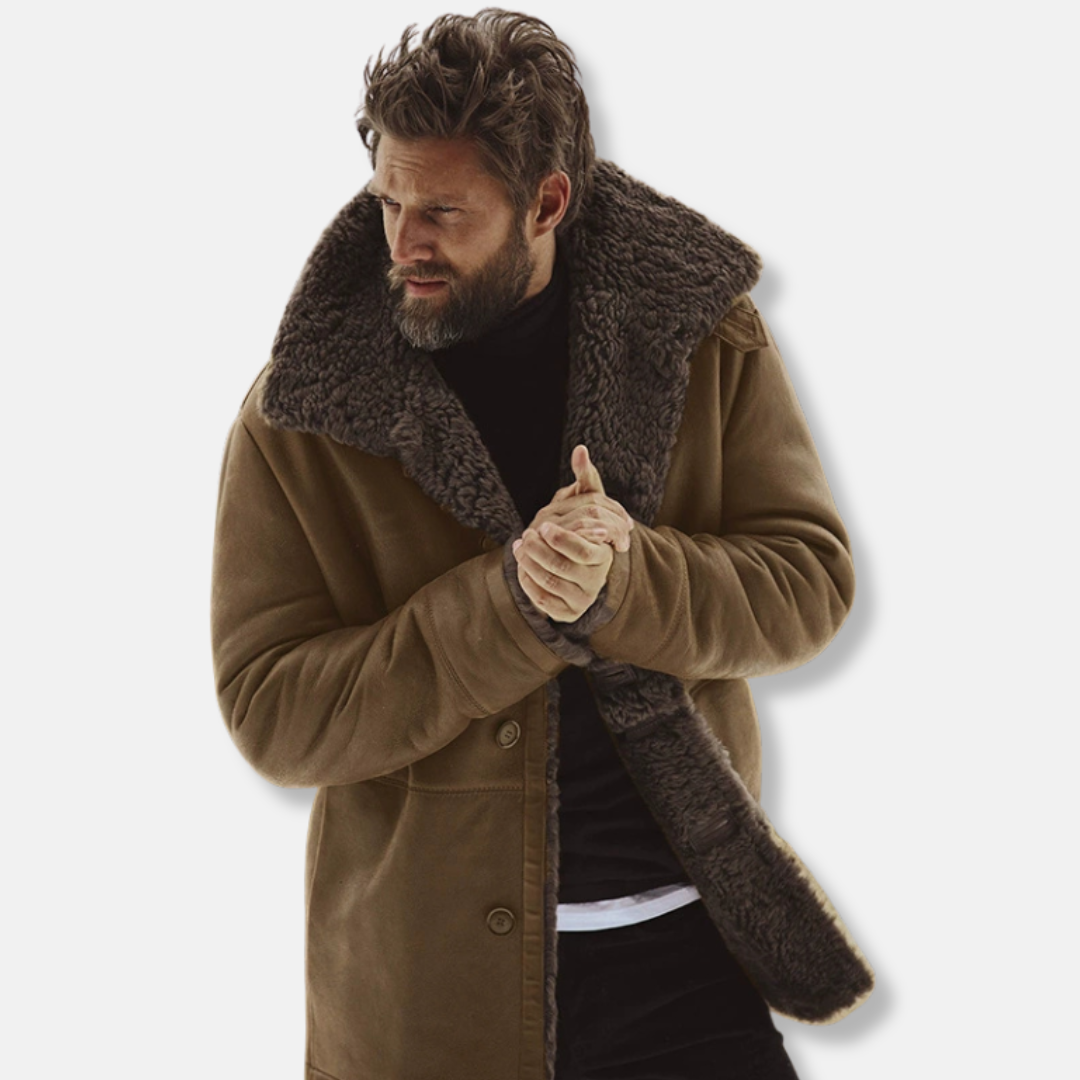 Manteau Homme Nordisk Flair En Mélange De Laine Avec Col En Shearling Coupe Décontractée Longueur Mi-Cuisse Vert