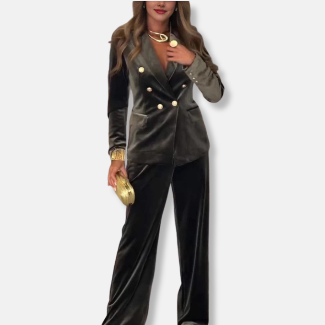 Ensemble Deux Pièces en Velours Avec Blazer Tailleur et Pantalon Large Pour Tenues Sophistiquées