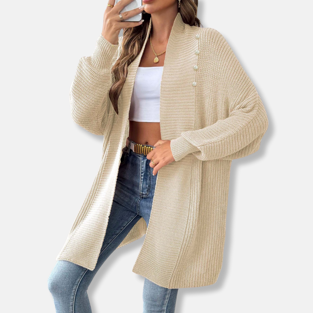 Cardigan Femme En Acrylique Tricot Longueur Longue Avec Col Châle Boutons Perles Élégants