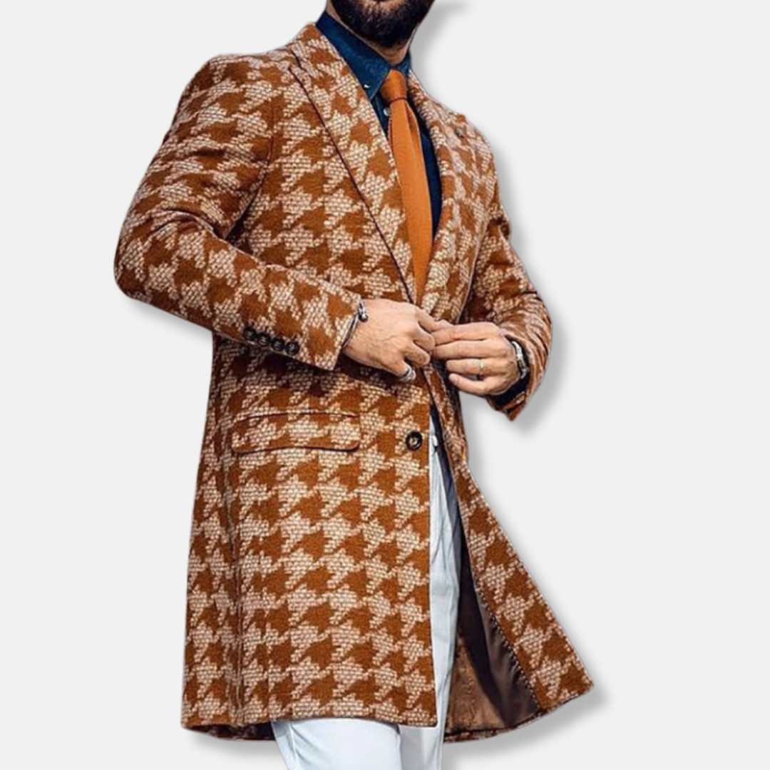 Manteau Trench Homme En Laine Mélange Motif Géométrique Coupe Ajustée Revers Cranté Style Moderne