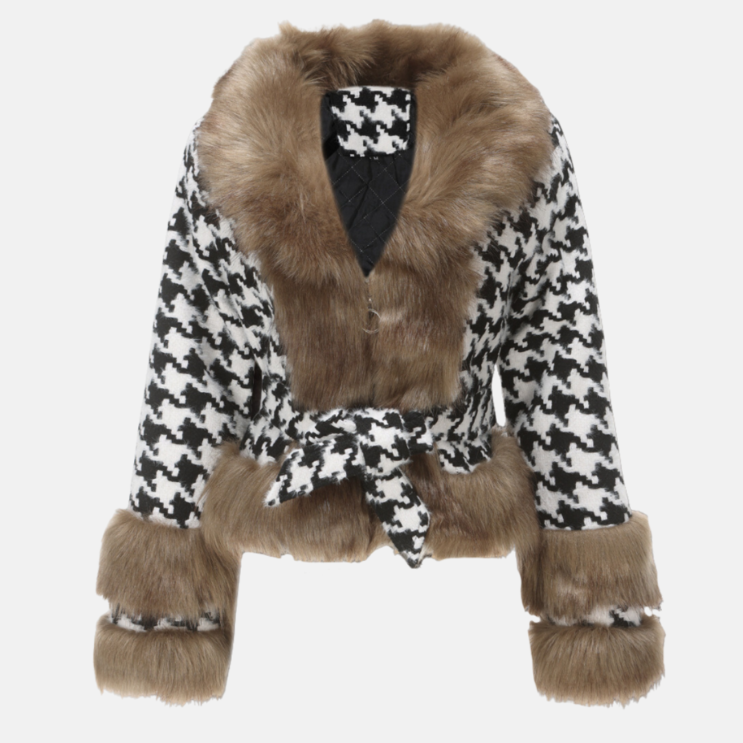 Manteau Court Femme En Laine Mélangée Motif Pied-de-Poule Avec Fourrure Et Taille Ceinture