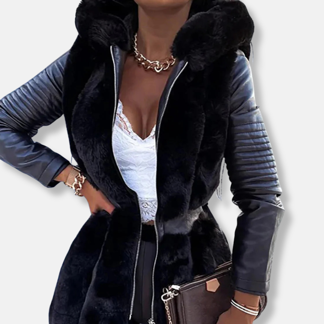 Manteau Mi-Long Femme Avec Fourrure Synthétique Devant Ceinture À La Taille Manches Rembourrées Coupe Cintrée