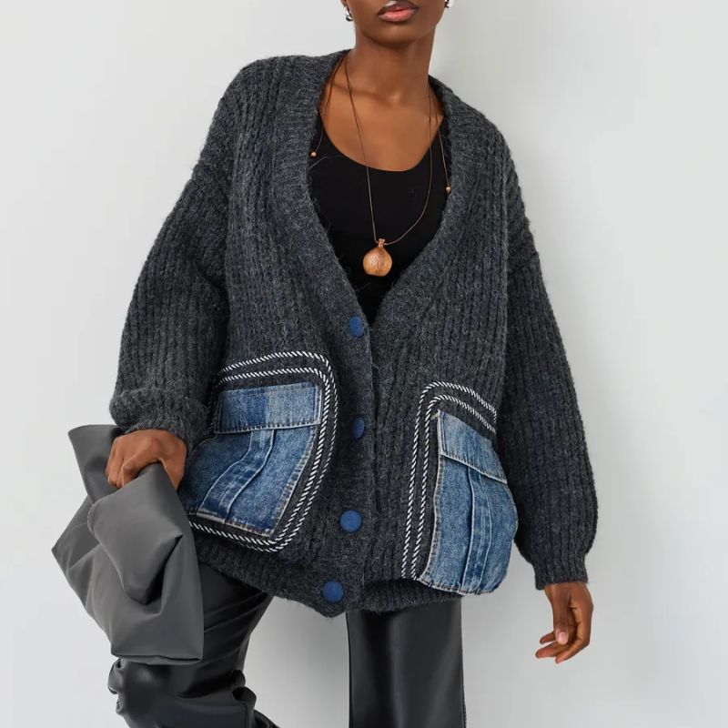 Cardigan Marone Oversize En Tricot Chaud Avec Poches Denim Rugueuses Pour Look Urbain Et Confortable