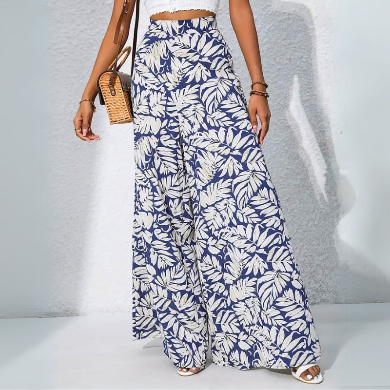 Pantalon Tropical Taille Haute Oraya Imprimé Palmier Coton Doux Lavé Au Soleil Avec Poches Latérales