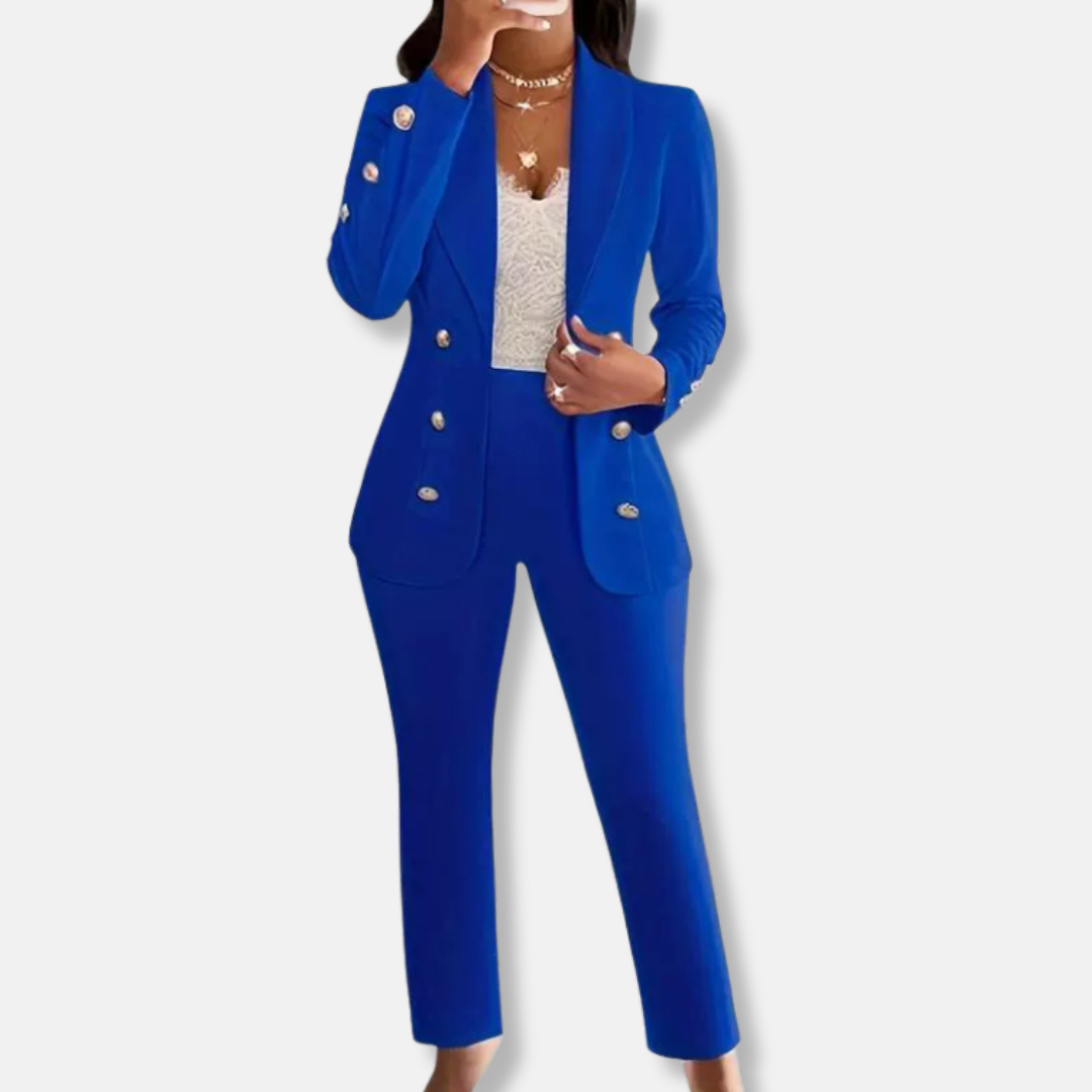 Ensemble Deux Pièces Femme Blazer Slim Fit Double Boutonnage Col Châle Pantalon Jambes Droites