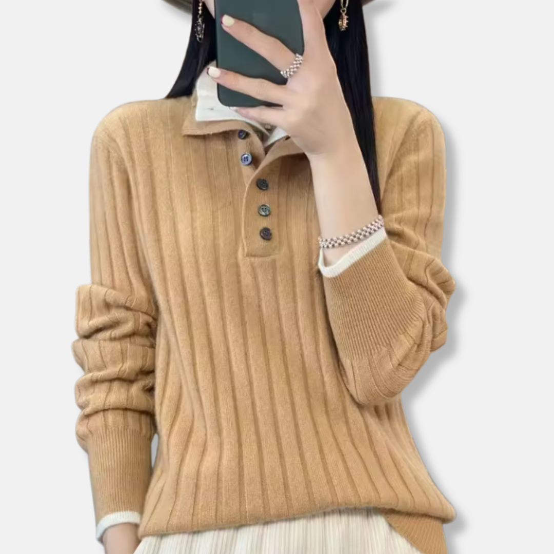 Pull Femme en Maille Côtée Col Polo et Patte à Quatre Boutons Style Décontracté Chic