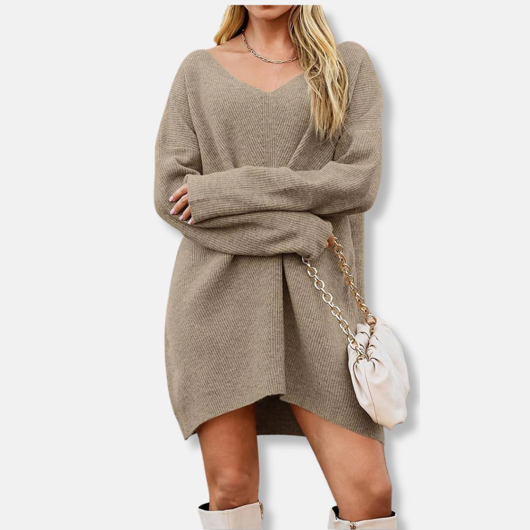Robe Femme En Maille Côtelée Col V Manches Longues Mini Amawinc Élégante Et Polyvalente
