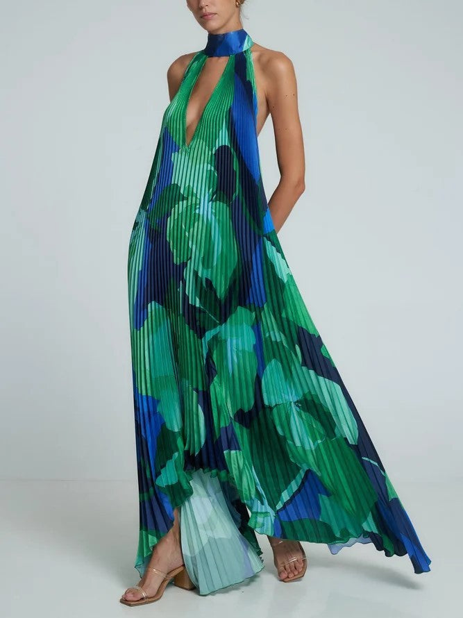 Fudus bedrucktes Swing-Kleid mit tiefem V-Ausschnitt
