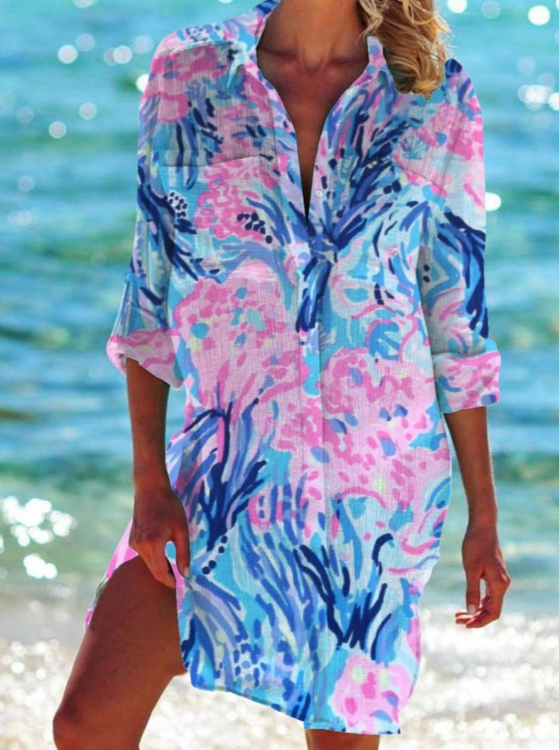 Strandkleid, Strickjacke, Badeanzug, Damenmode, Fudus Print-Hemd für den Urlaub