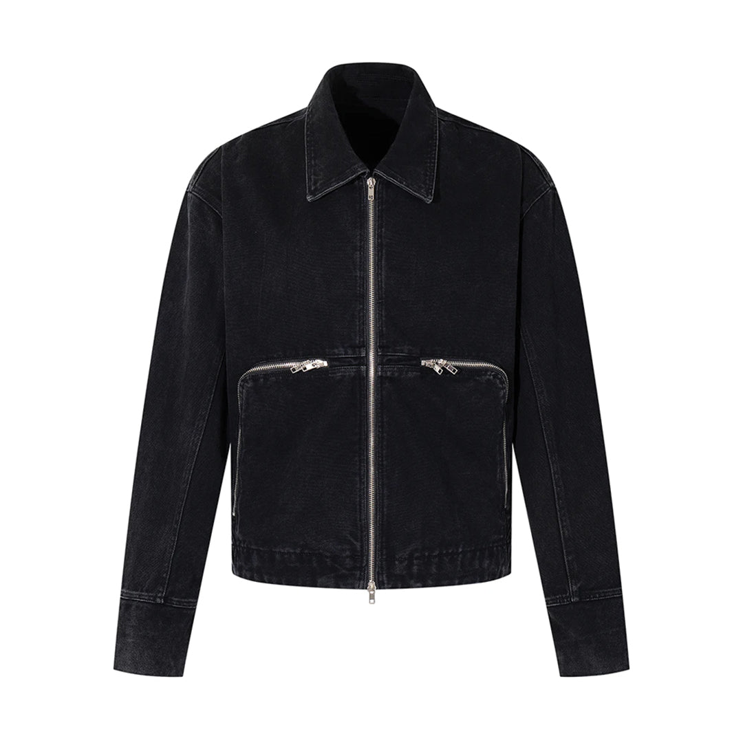 Veste Denim Torque Inspirée Moto Avec Poches Zippées Et Col Rabattable Coupe Courte Et Ample