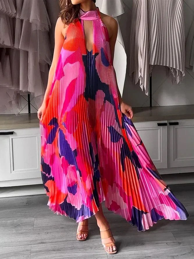 Fudus bedrucktes Swing-Kleid mit tiefem V-Ausschnitt