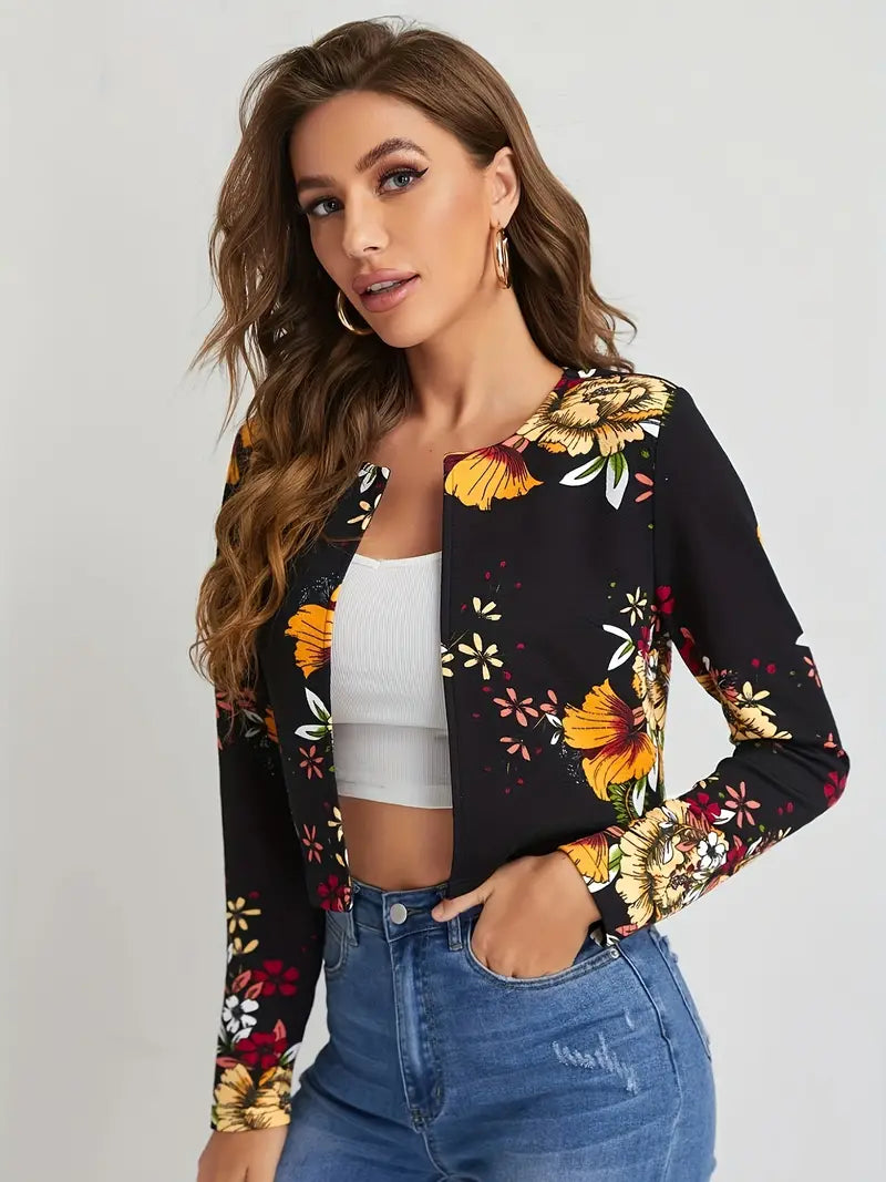 Avelena Blazer: Elegant, simpler open-front design with floral details