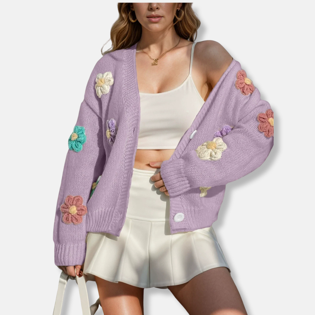 Cardigan En Maille Pour Femme Oversize Mélange De Laine Détails Floraux Faits Main Boutonné Devant
