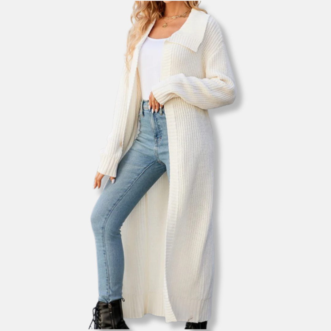 Cardigan Femme En Maille Laine Mélangée Coupe Ample Maxi Longueur Grand Revers Poignets Côtes Nordisk Flair Amawinc