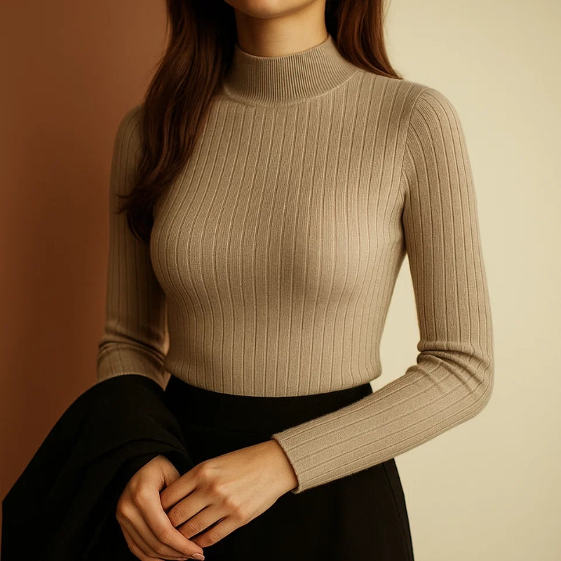 Pull En Maille Fine À Côtes Col Montant Demi Haut Coupe Épurée Vera Mont Pour Hiver Et Printemps