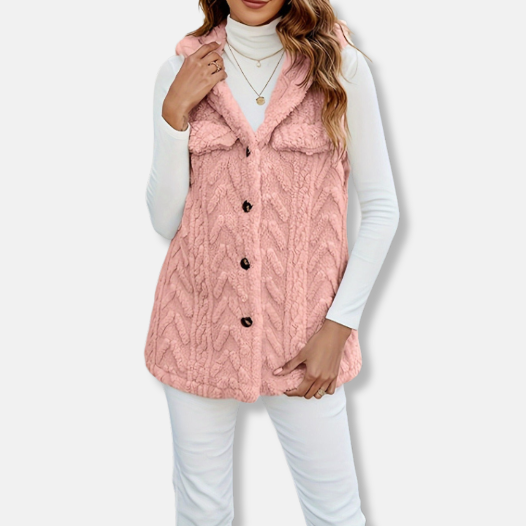 Gilet À Capuche Sans Manches Pour Femme En Maille Câblée Pelucheuse Avec Boutons Devant Poches Et Coupe Décontractée