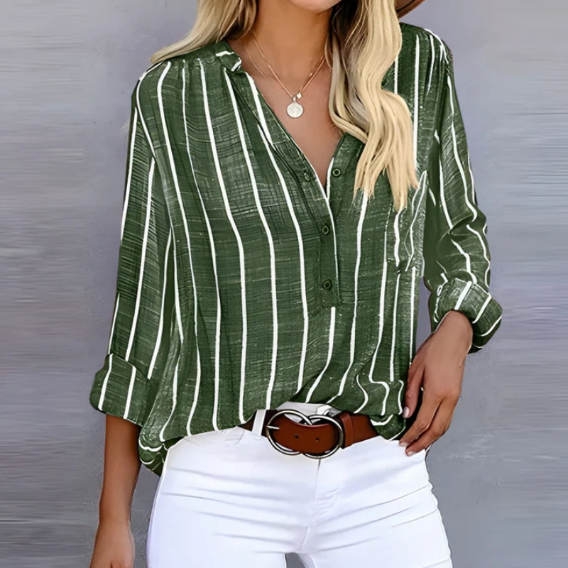 Blouse Olanta à Rayures Verticales Fluide et Respirante avec Bouton Devant et Ourlet Chemise