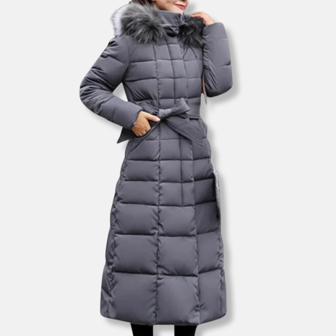 Manteau Matelassé Pour Femme Ceinture Cintrée Capuche Fourrure Long Coupe Slim Isolant
