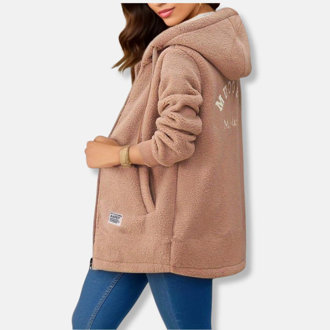 Veste À Capuche Femme Effet Peau D Agneau Synthétique Doux Oversize Zip Devant Mi Longue