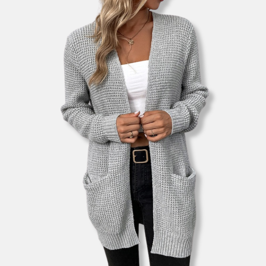 Cardigan Femme Décontracté En Maille Gaufre Ouvert Avec Poches Plaquées Pour Automne Hiver