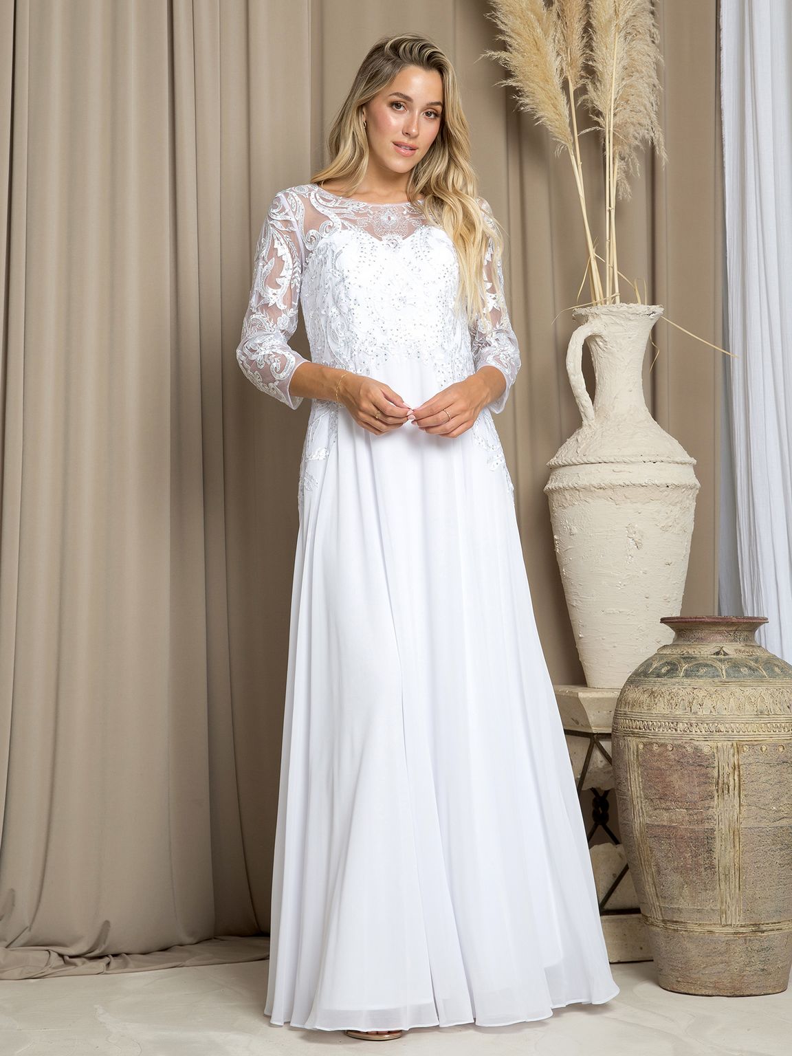 Robe Longue Formelle Pour Mère De La Mariée Eva Fashion EV5248 En Chiffon Avec Corsage En Dentelle Et Manches Trois Quarts